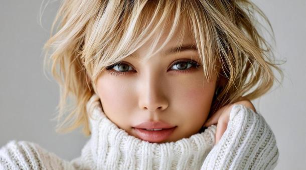 白いタートルニットを着た女性の美しい表情 白いタートルニットを着た女性の美しい表情の写真