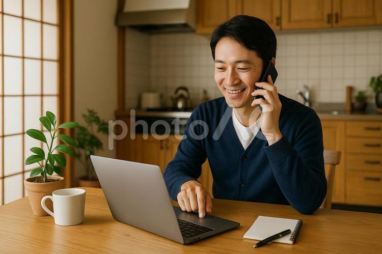 ダイニングで電話する男性 男性,電話,ノートpcの写真素材