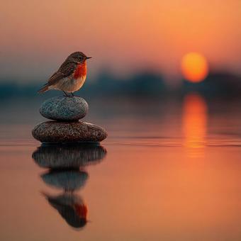 水面に映る夕日と鳥、バランスストーン 水面に映る夕日と鳥、バランスストーンの写真