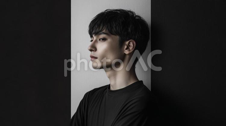 横顔の青年 男性,ポートレート,モノクロの写真素材
