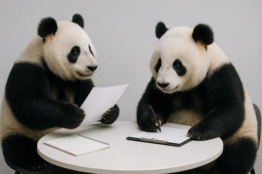 円卓で会議をするパンダ 円卓で会議をするパンダの写真