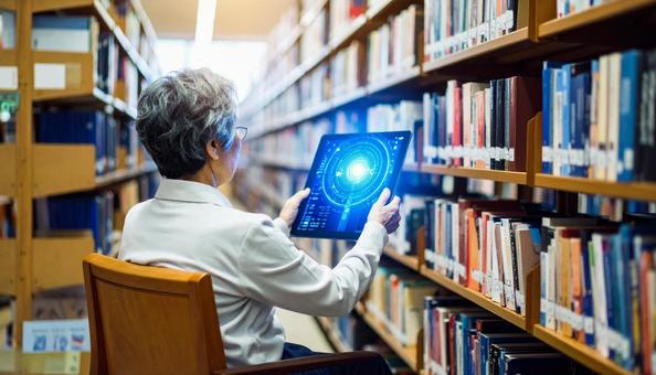 高齢者がホログラムの電子書籍を読む 高齢者がホログラムの電子書籍を読むの写真