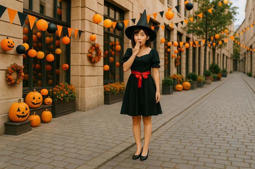 驚く魔女姿の女性 驚く魔女姿の女性の写真