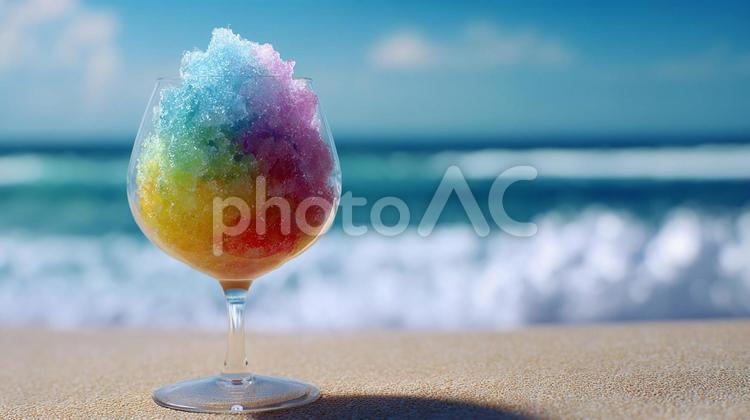 かき氷と海 夏,コピースペース,かき氷の写真素材