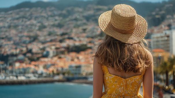 夏空の下、街を見下ろす女性 夏空の下、街を見下ろす女性の写真