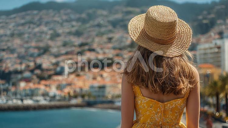 夏空の下、街を見下ろす女性 女性,後ろ姿,麦わら帽子の写真素材