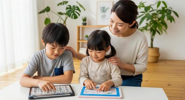 親子でタブレット学習する様子 親子でタブレット学習する様子の写真