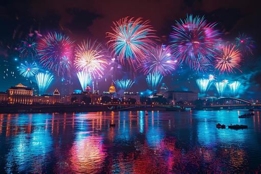 夏の夜を彩る都会の花火大会 夏の夜を彩る都会の花火大会の写真