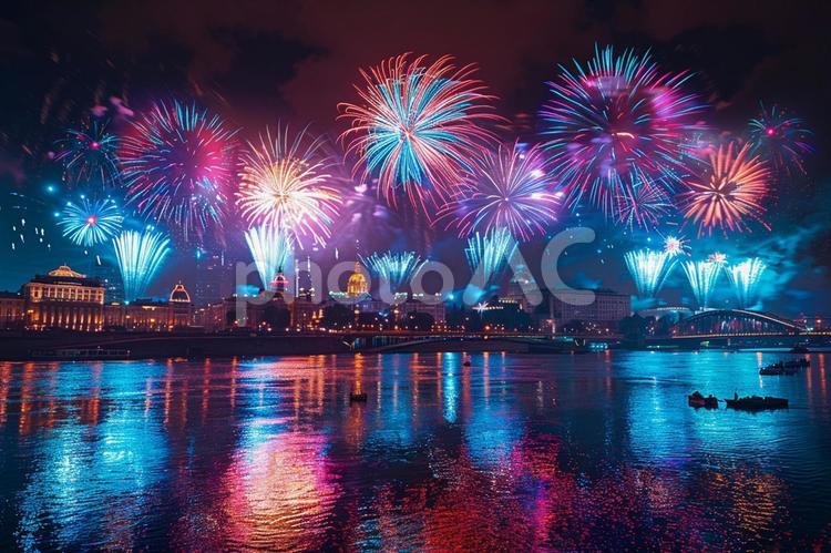 夏の夜を彩る都会の花火大会 花火,夜,空の写真素材