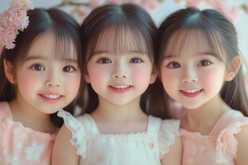 かわいい3人の女の子。幼稚園の入園式 かわいい3人の女の子。幼稚園の入園式の写真