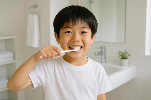 洗面所で歯磨きをする男の子 洗面所で歯磨きをする男の子の写真