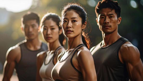 鍛え上げられた体でポーズをとる男女の写真