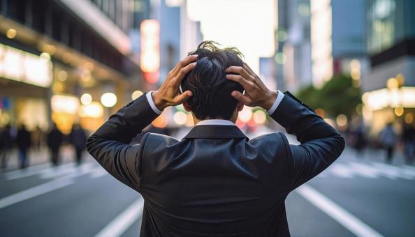 頭を抱えるビジネスマンの後ろ姿 頭を抱えるビジネスマンの後ろ姿の写真