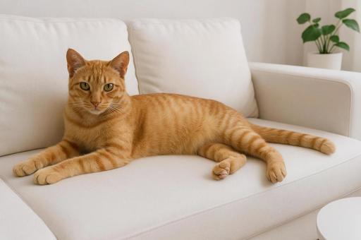 ソファでくつろぐ猫 ソファでくつろぐ猫の写真