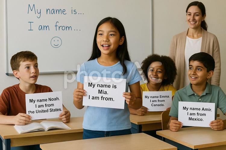 自己紹介する英語授業 子供,英語,授業の写真素材