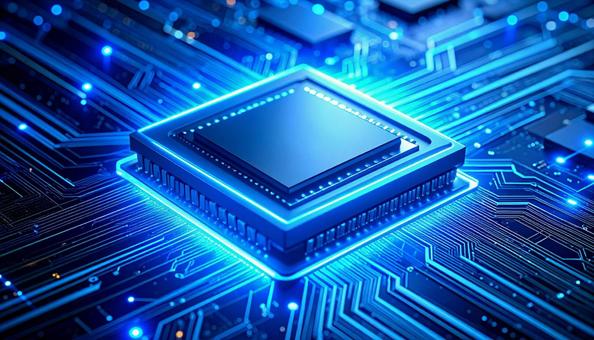 青く光る半導体チップ 青く光る半導体チップの写真