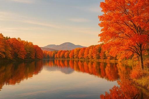湖畔の紅葉と空 湖畔の紅葉と空の写真