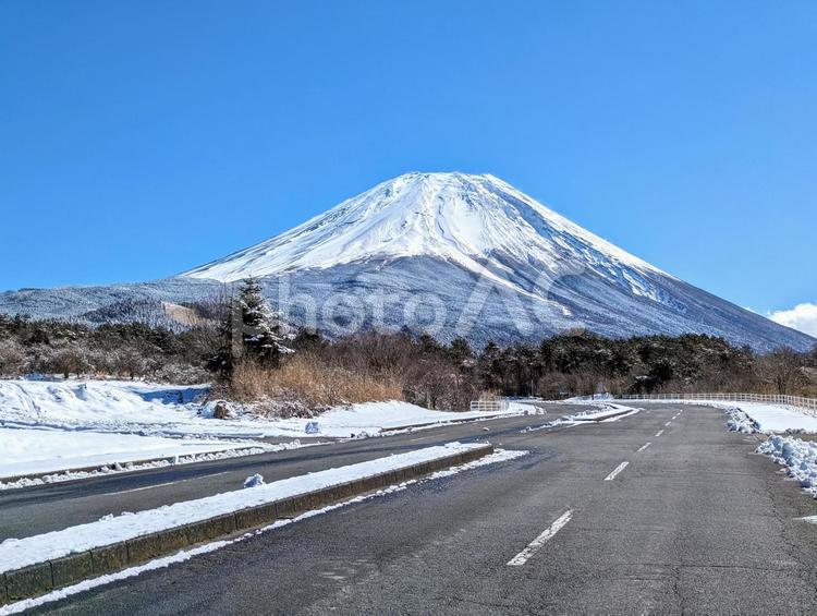 冬の富士山へ続くみち 富士山,山,道路の写真素材