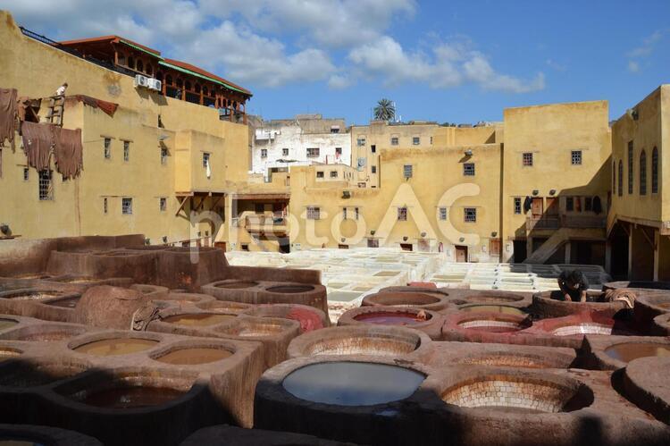モロッコ　フェズ　なめし皮工場　タンネリ モロッコ,morocco,フェズの写真素材