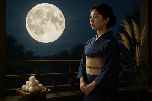 満月に照らされる着物姿の女性 満月に照らされる着物姿の女性の写真