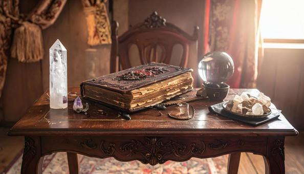 アンティークな机と丸水晶と魔法書 アンティークな机と丸水晶と魔法書の写真