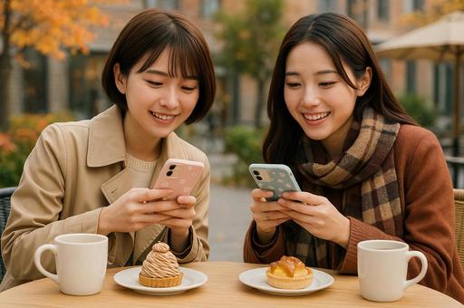スマホでケーキを撮る女性二人 スマホでケーキを撮る女性二人の写真