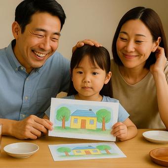 父親が娘の夏休みの宿題をほめて気まずい母 父親が娘の夏休みの宿題をほめて気まずい母の写真