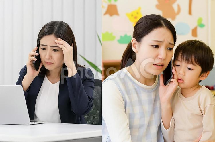保育園からの電話を受ける仕事中の母親 共働き,子育て,保育園の写真素材