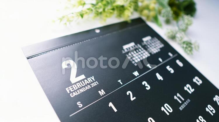 2021年2月　カレンダー　モノトーン カレンダー,2021年,2月の写真素材