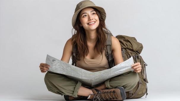 笑顔の女性ハイカー 笑顔の女性ハイカーの写真