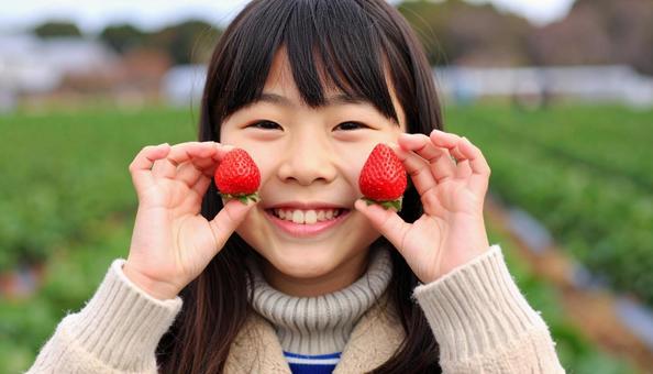 苺狩りで苺を両ほほに掲げる可愛い女の子 苺狩りで苺を両ほほに掲げる可愛い女の子の写真