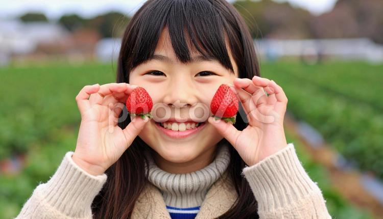 苺狩りで苺を両ほほに掲げる可愛い女の子 いちご狩り,いちご,笑顔の写真素材