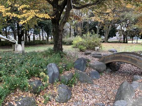 落ち葉で埋まった小川の写真