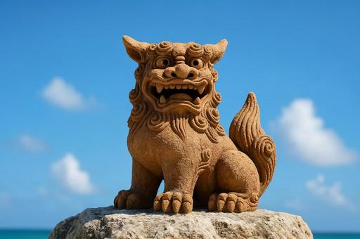 沖縄の青空とシーサー像・魔除け・伝統工芸 沖縄の青空とシーサー像・魔除け・伝統工芸の写真