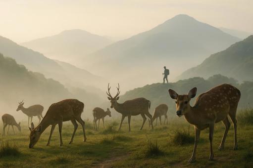 鹿の群れと登山者影 鹿の群れと登山者影の写真