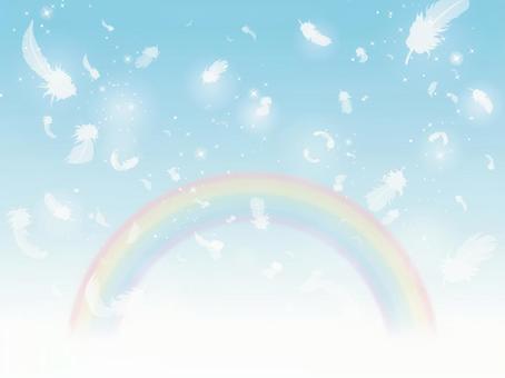 Image of a feather flying in the sky with a rainbow Image of a feather flying in the sky with a rainbow