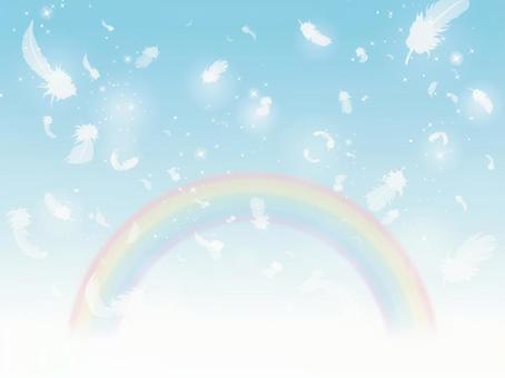 Image of a feather flying in the sky with a rainbow, JPG