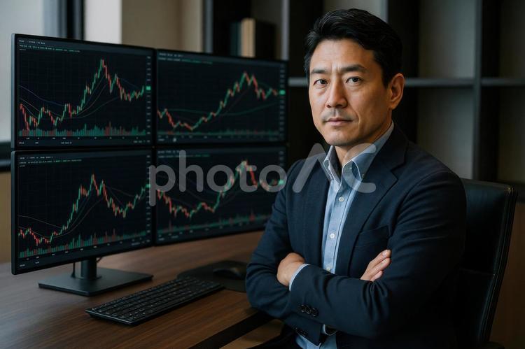 大きなモニターを前にするプロ投資家の男性 プロ投資家,モニター,チャートの写真素材