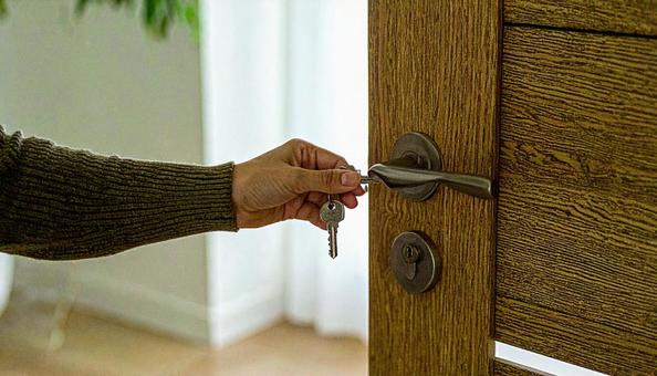 戸締り 玄関の鍵をしめる女性の手 戸締り 玄関の鍵をしめる女性の手の写真