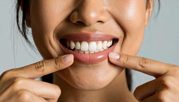 白く健康な歯を指差して笑う女性 白く健康な歯を指差して笑う女性の写真