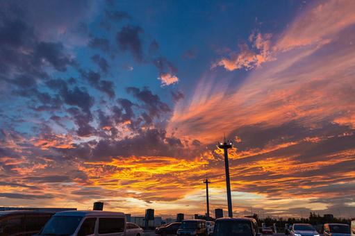上り蓮田SAで見上げた夕焼け空 上り蓮田SAで見上げた夕焼け空 空,夕空,夕焼けの写真素材