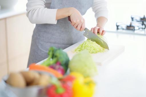 たくさんの野菜とキャベツの千切りを作る人の手 たくさんの野菜とキャベツの千切りを作る人の手の写真