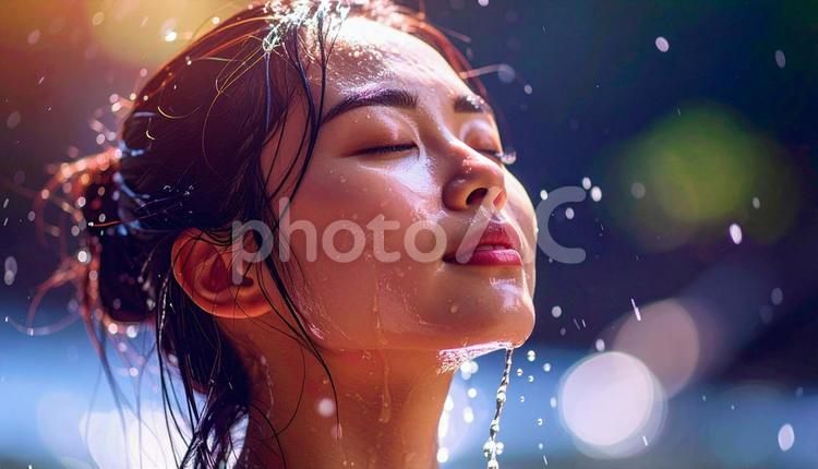 猛暑　頭から水を浴びる女性 水浴び,猛暑,クールリングの写真素材