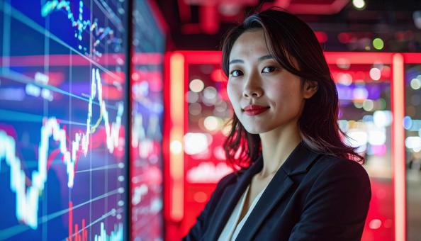 ディルプレイのチャートの前に立つ女性社員 ディルプレイのチャートの前に立つ女性社員の写真