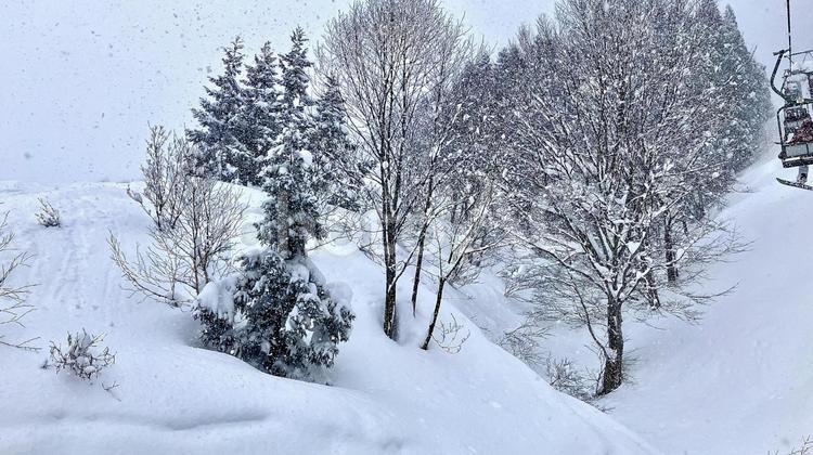 スキー場のリフトから見た大雪のゲレンデ ゲレンデ,大雪,豪雪の写真素材