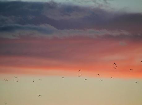 窓から見える夕暮れ時の空と雲 窓から見える夕暮れ時の空と雲の写真