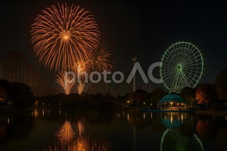 遊園地の花火と水鏡 花火,大輪花火,夜景の写真素材