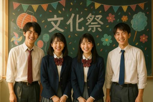 黒板装飾と笑顔の生徒たちの写真