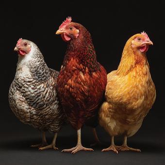 様々な色合いの鶏が並んだの写真