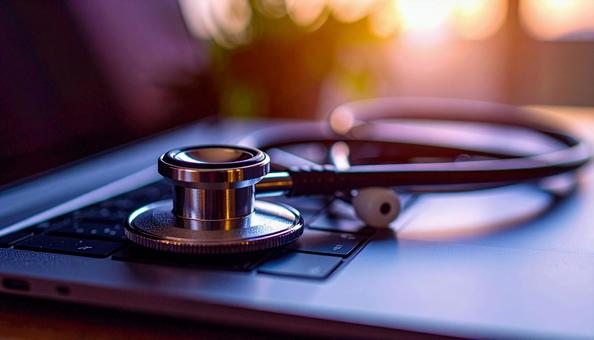 机の上の聴診器とノートパソコンの写真